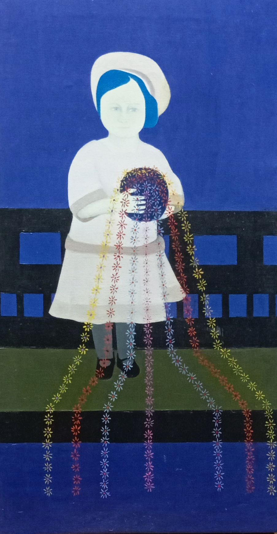 2023 Niña de la boina con bola florida 61x33 Óleo sobre lienzo